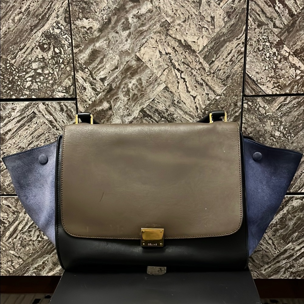 CELINE Smooth Calfskin Suede Medium Tricolor Trapeze Cobalt